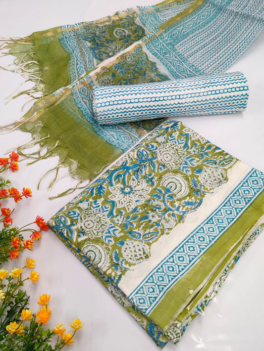 Hand Block Cotton Salwar Suit Set with Kota Doriya Dupatta  - TSPSKDVV13