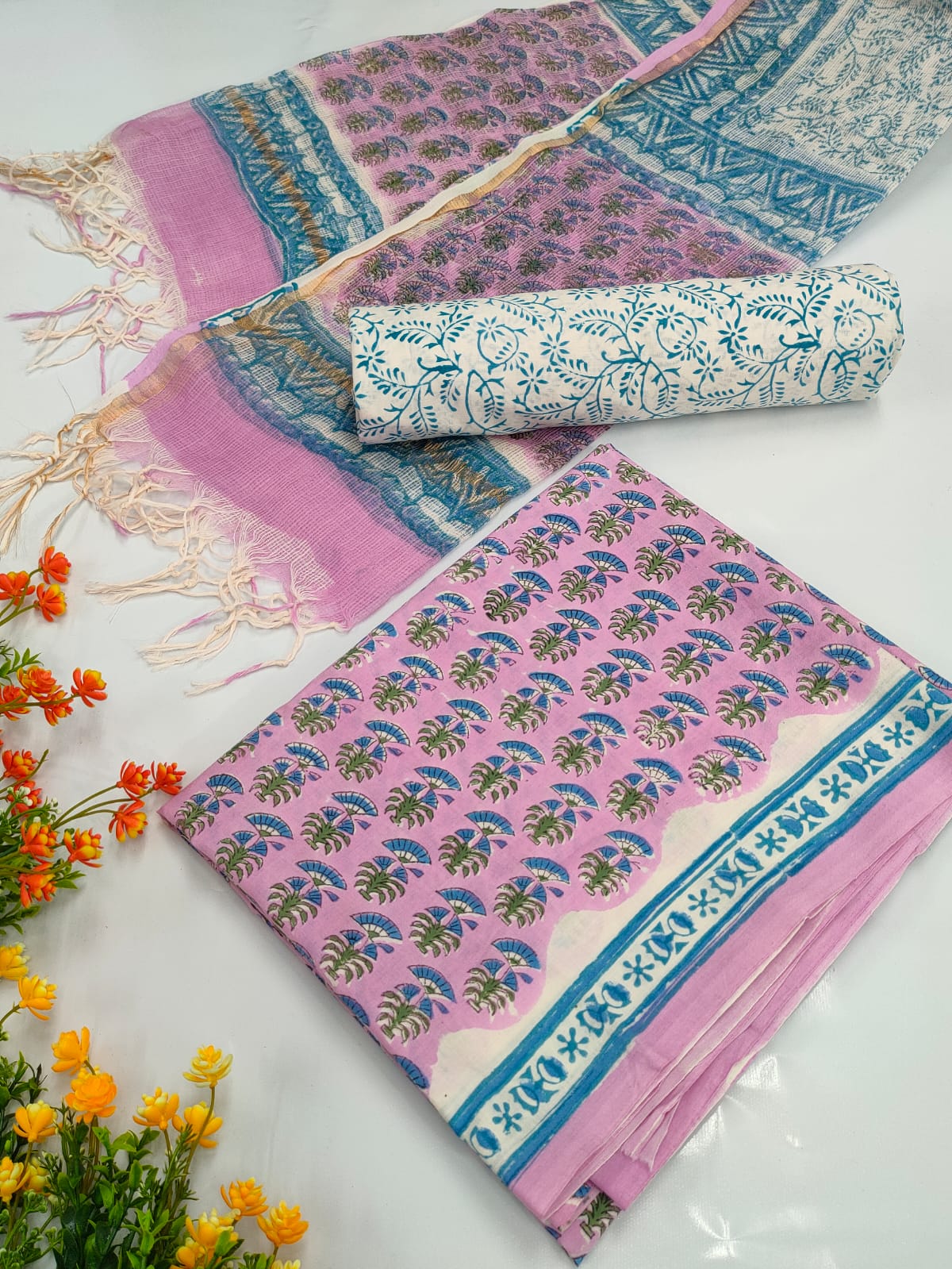Hand Block Cotton Salwar Suit Set with Kota Doriya Dupatta  - TSPSKDVV17