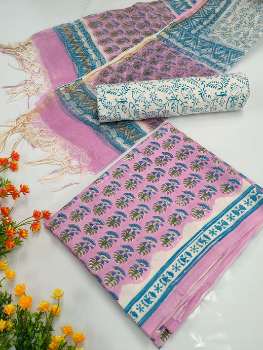 Hand Block Cotton Salwar Suit Set with Kota Doriya Dupatta  - TSPSKDVV17