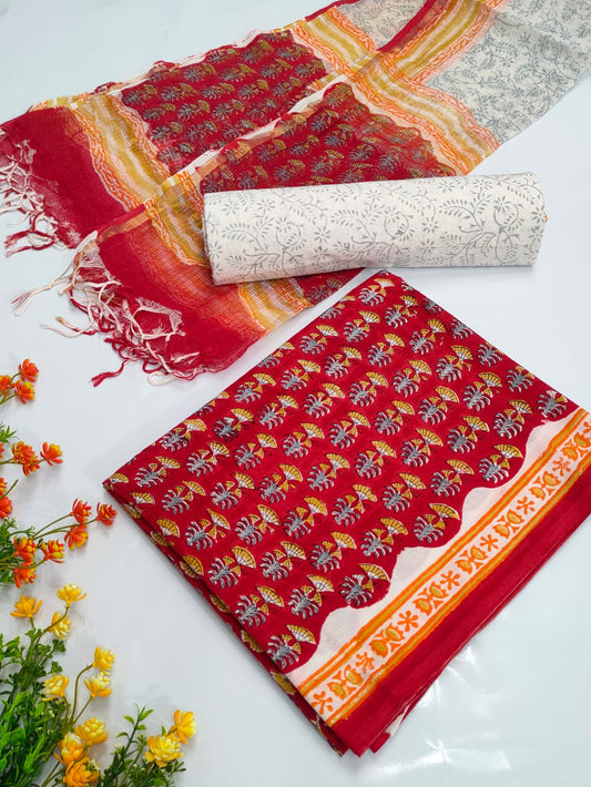 Hand Block Cotton Salwar Suit Set with Kota Doriya Dupatta  - TSPSKDVV1