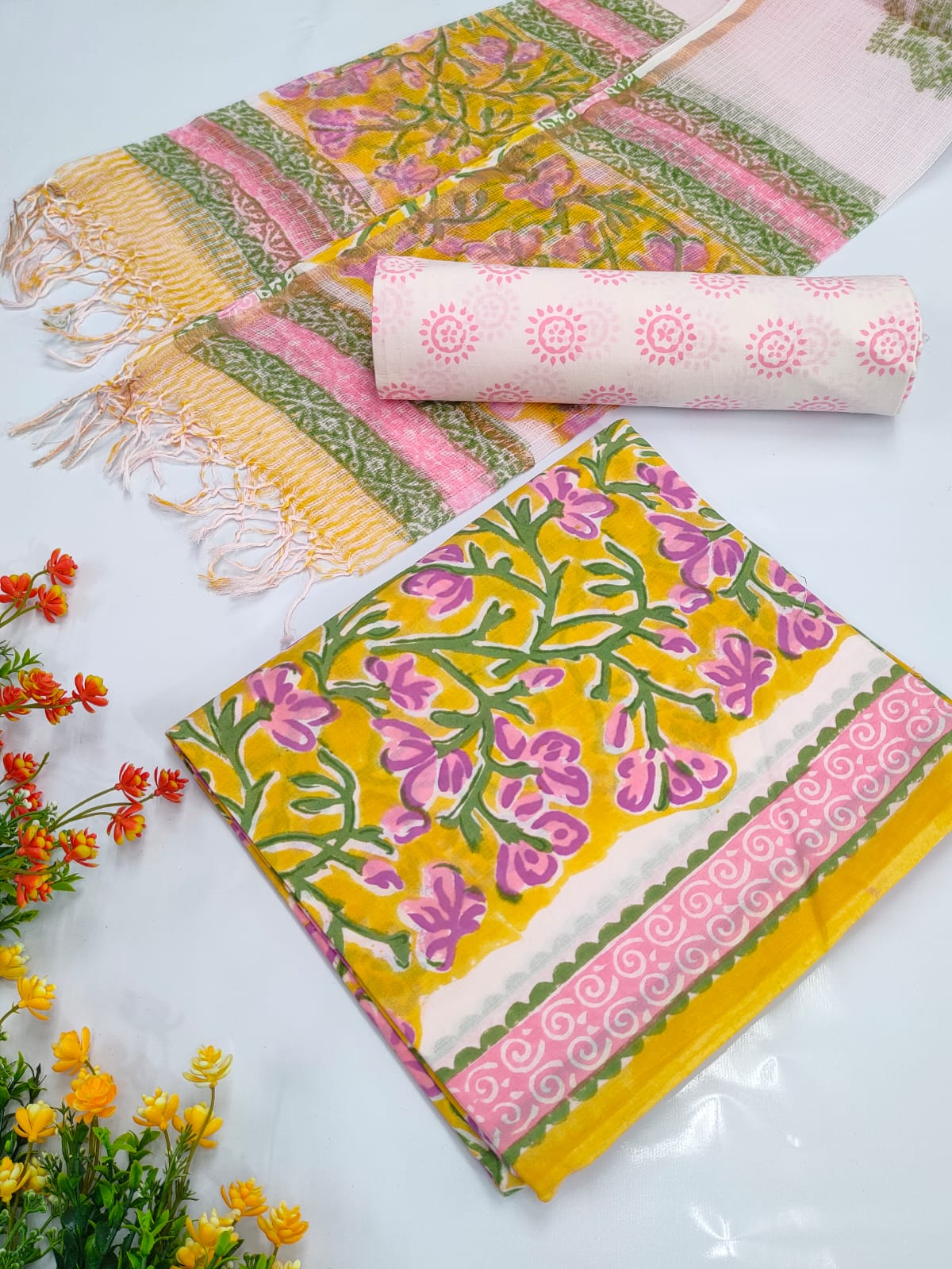 Hand Block Cotton Salwar Suit Set with Kota Doriya Dupatta  - TSPSKDVV20