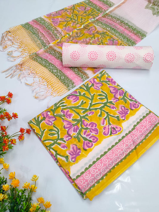 Hand Block Cotton Salwar Suit Set with Kota Doriya Dupatta  - TSPSKDVV20