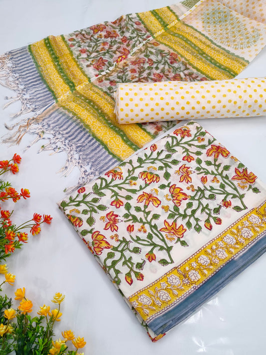 Hand Block Cotton Salwar Suit Set with Kota Doriya Dupatta  - TSPSKDVV22