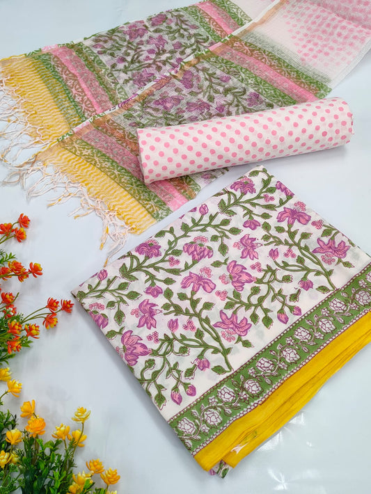 Hand Block Cotton Salwar Suit Set with Kota Doriya Dupatta  - TSPSKDVV23