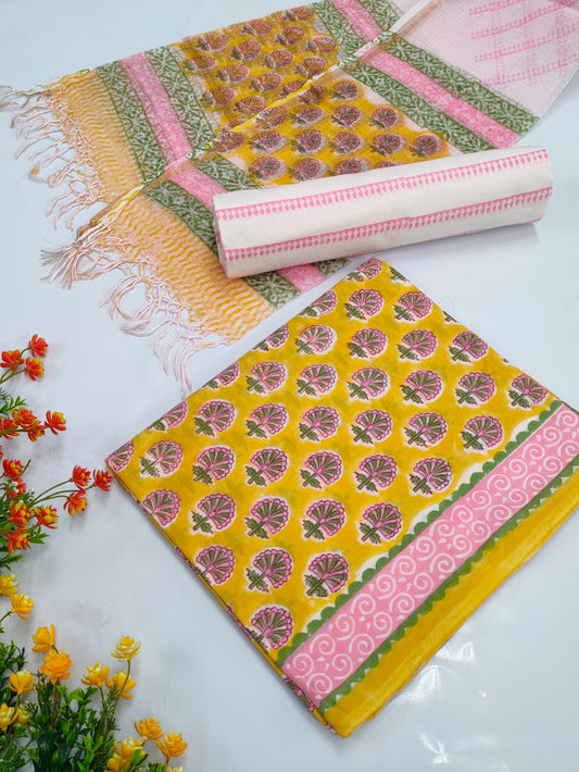 Hand Block Cotton Salwar Suit Set with Kota Doriya Dupatta  - TSPSKDVV24