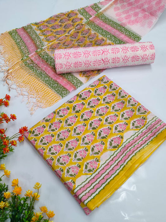 Hand Block Cotton Salwar Suit Set with Kota Doriya Dupatta  - TSPSKDVV27