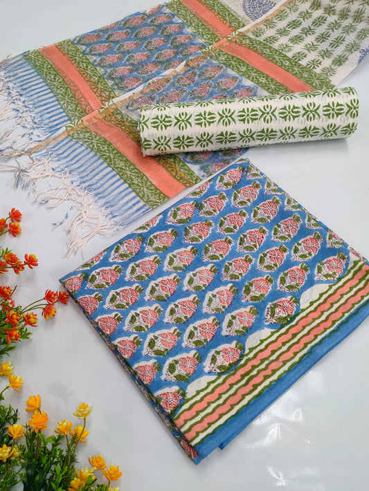 Hand Block Cotton Salwar Suit Set with Kota Doriya Dupatta  - TSPSKDVV28
