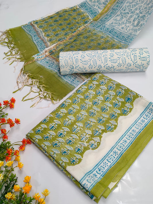 Hand Block Cotton Salwar Suit Set with Kota Doriya Dupatta  - TSPSKDVV2
