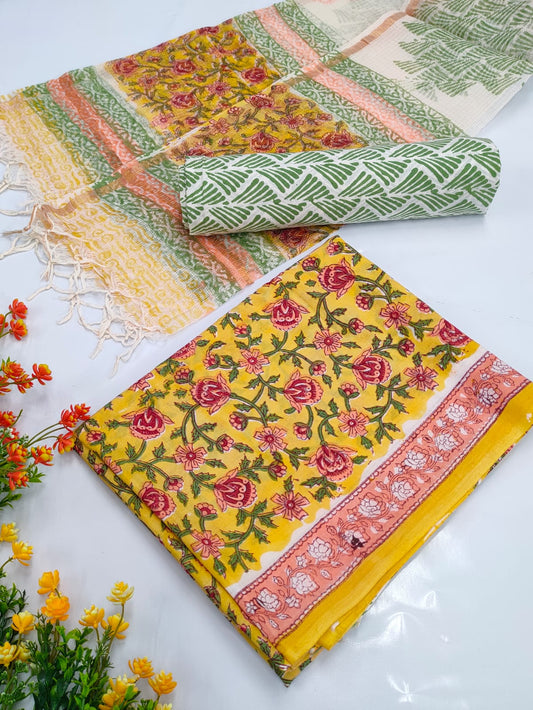Hand Block Cotton Salwar Suit Set with Kota Doriya Dupatta  - TSPSKDVV32