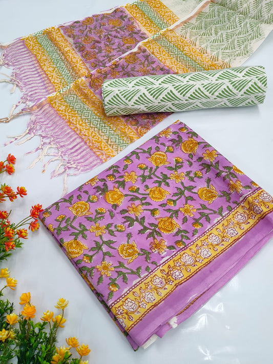 Hand Block Cotton Salwar Suit Set with Kota Doriya Dupatta  - TSPSKDVV34