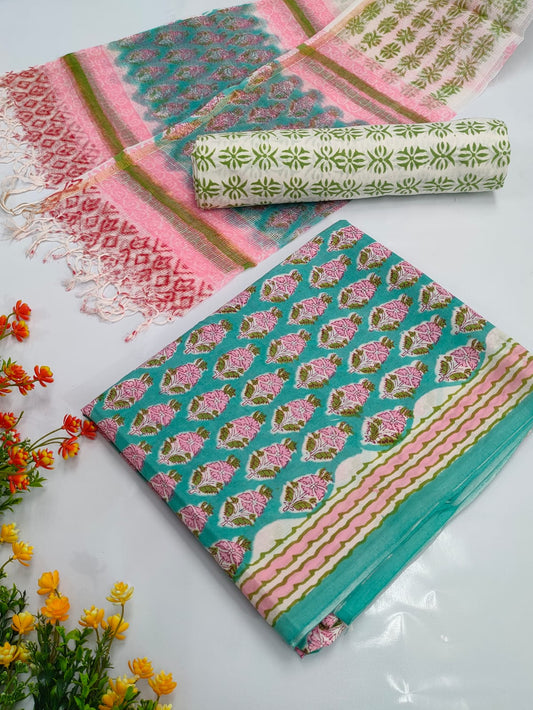 Hand Block Cotton Salwar Suit Set with Kota Doriya Dupatta  - TSPSKDVV35