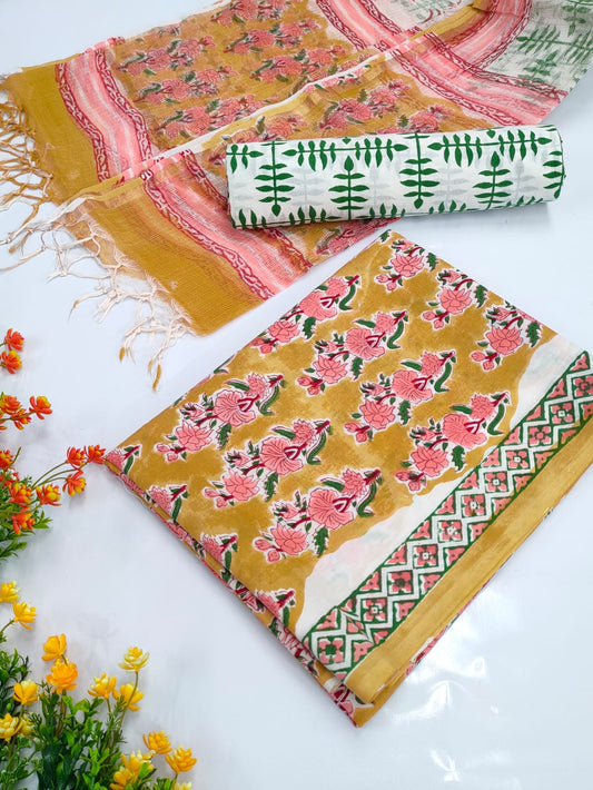 Hand Block Cotton Salwar Suit Set with Kota Doriya Dupatta  - TSPSKDVV36