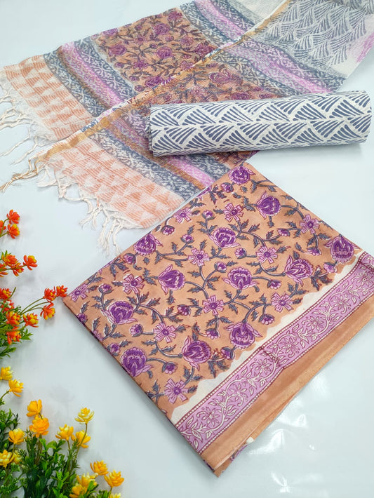 Hand Block Cotton Salwar Suit Set with Kota Doriya Dupatta  - TSPSKDVV39