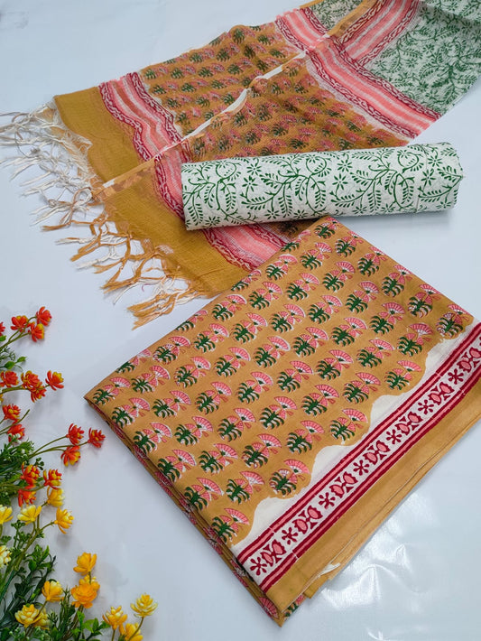 Hand Block Cotton Salwar Suit Set with Kota Doriya Dupatta  - TSPSKDVV3