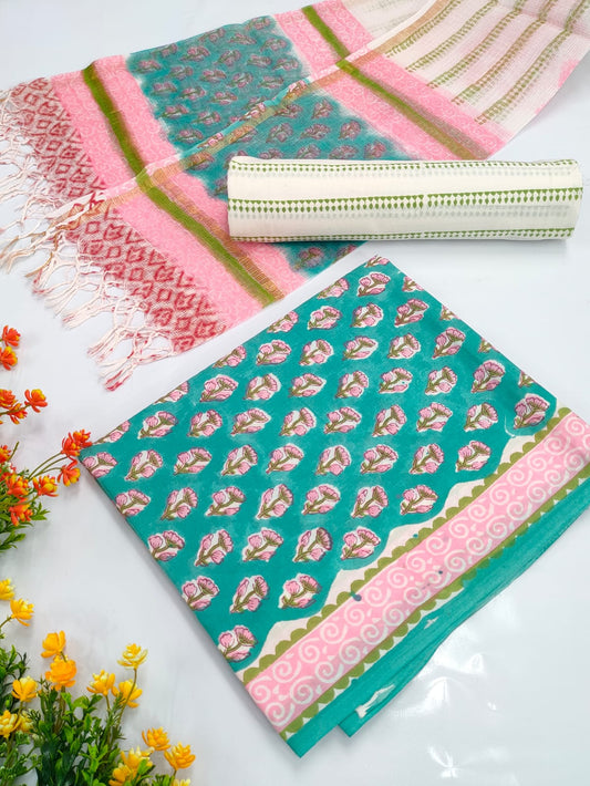 Hand Block Cotton Salwar Suit Set with Kota Doriya Dupatta  - TSPSKDVV41