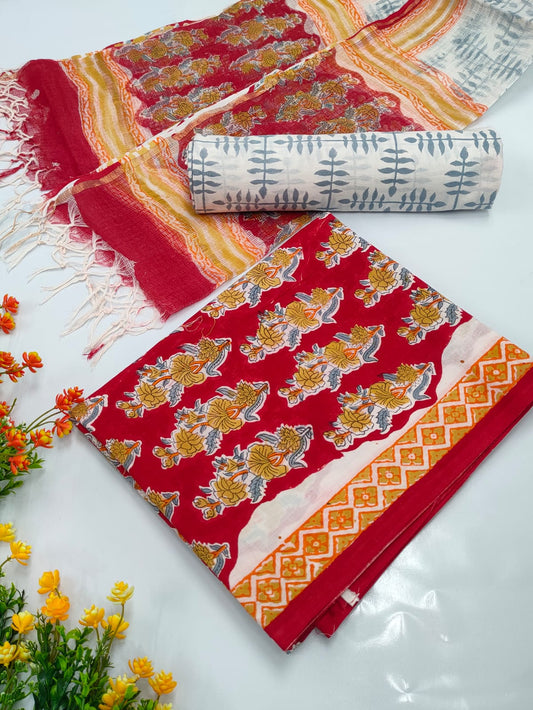 Hand Block Cotton Salwar Suit Set with Kota Doriya Dupatta  - TSPSKDVV43