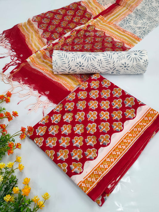 Hand Block Cotton Salwar Suit Set with Kota Doriya Dupatta  - TSPSKDVV4