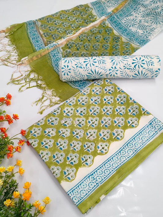 Hand Block Cotton Salwar Suit Set with Kota Doriya Dupatta  - TSPSKDVV5