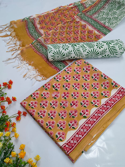 Hand Block Cotton Salwar Suit Set with Kota Doriya Dupatta  - TSPSKDVV6