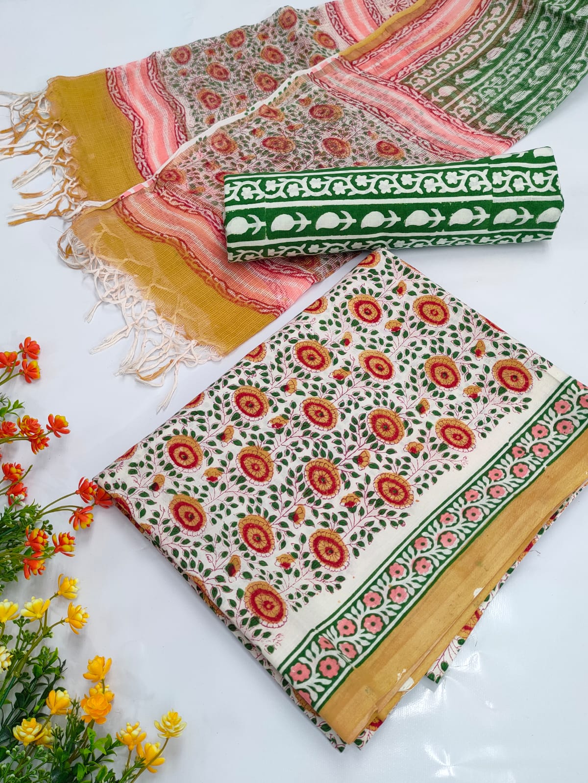 Hand Block Cotton Salwar Suit Set with Kota Doriya Dupatta  - TSPSKDVV8