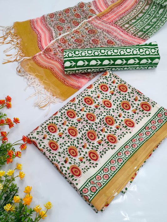 Hand Block Cotton Salwar Suit Set with Kota Doriya Dupatta  - TSPSKDVV8