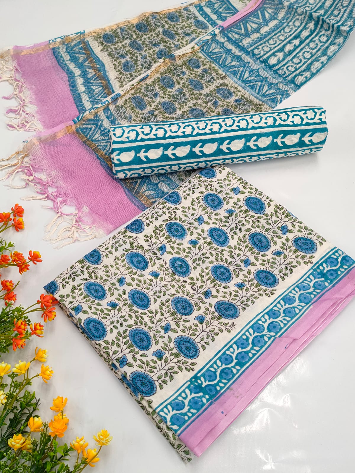 Hand Block Cotton Salwar Suit Set with Kota Doriya Dupatta  - TSPSKDVV9