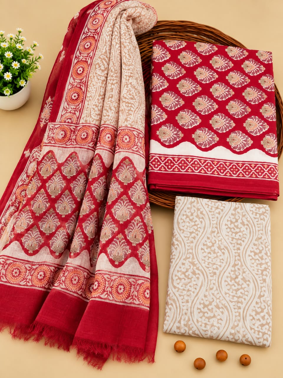 Red & Beige Traditional Motif Unstitched Cotton Suit Set with Chiffon Dupatta