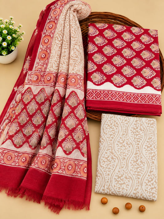 Red & Beige Traditional Motif Unstitched Cotton Suit Set with Chiffon Dupatta