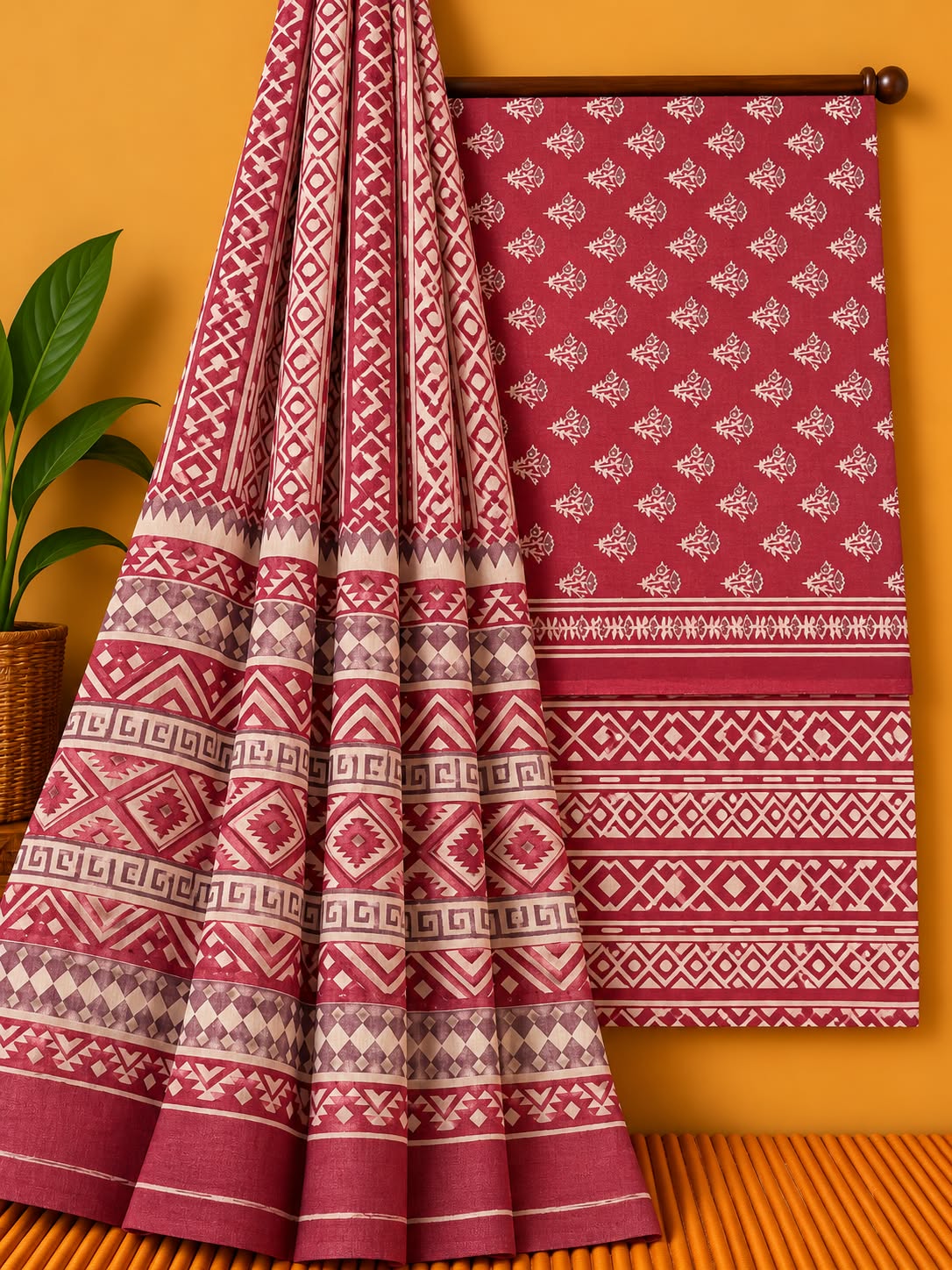 Maroon Geometric Unstitched Cotton Screen Print Salwar Suit Set with Mul Cotton Dupatta