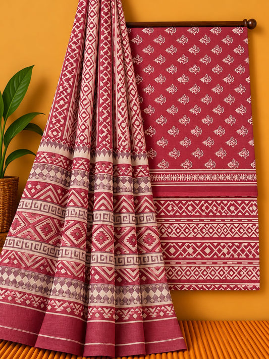 Maroon Geometric Unstitched Cotton Screen Print Salwar Suit Set with Mul Cotton Dupatta