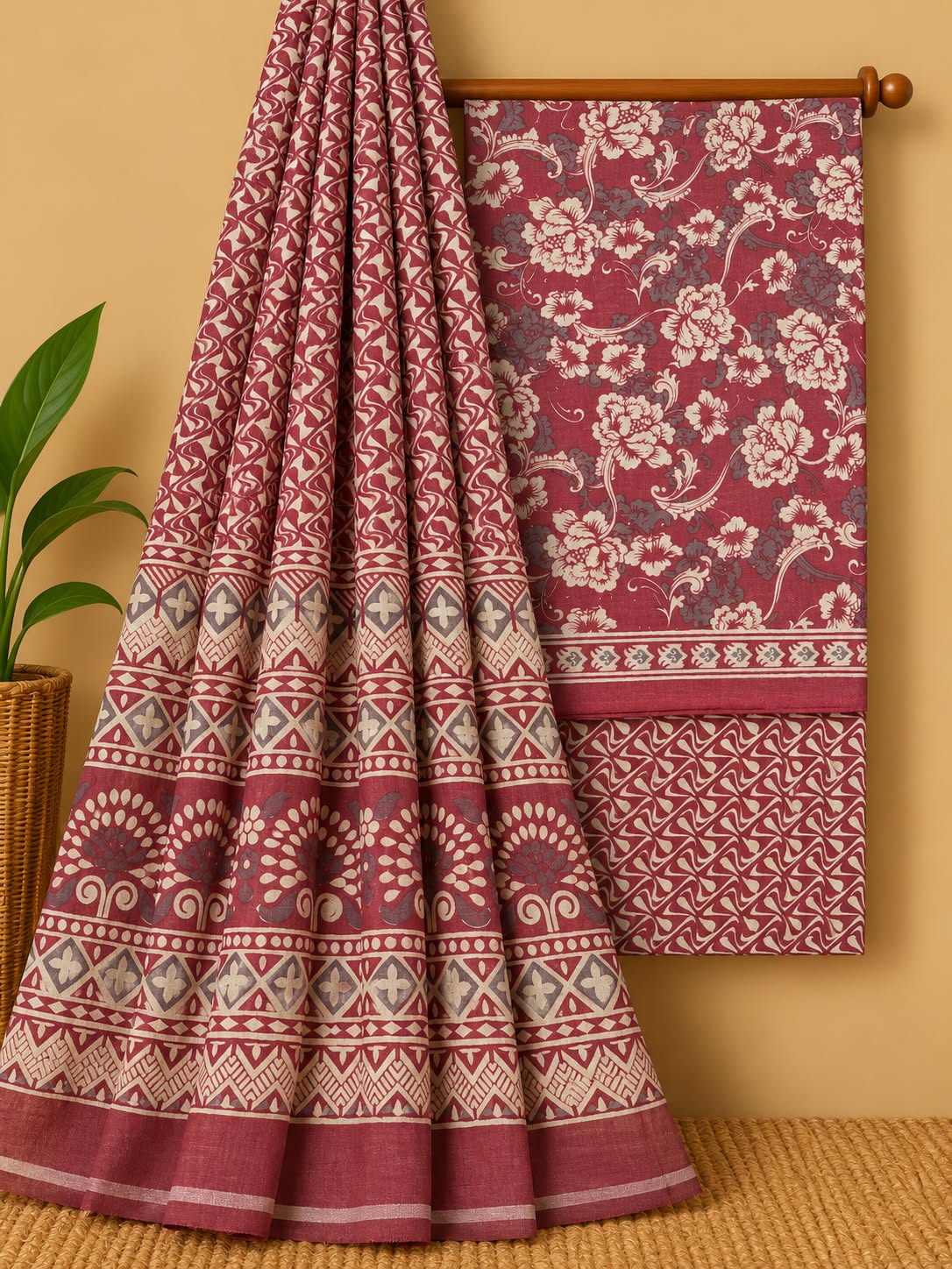 Maroon Floral Jaal Unstitched Cotton Screen Print Salwar Suit Set with Mul Cotton Dupatta