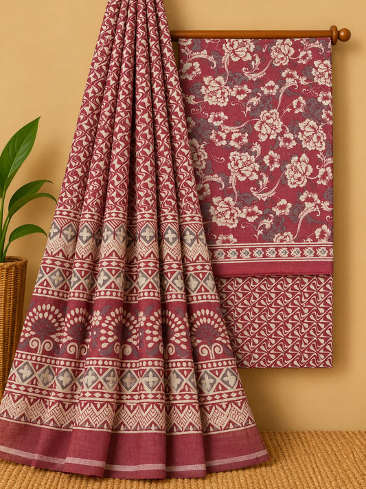 Maroon Floral Jaal Unstitched Cotton Screen Print Salwar Suit Set with Mul Cotton Dupatta