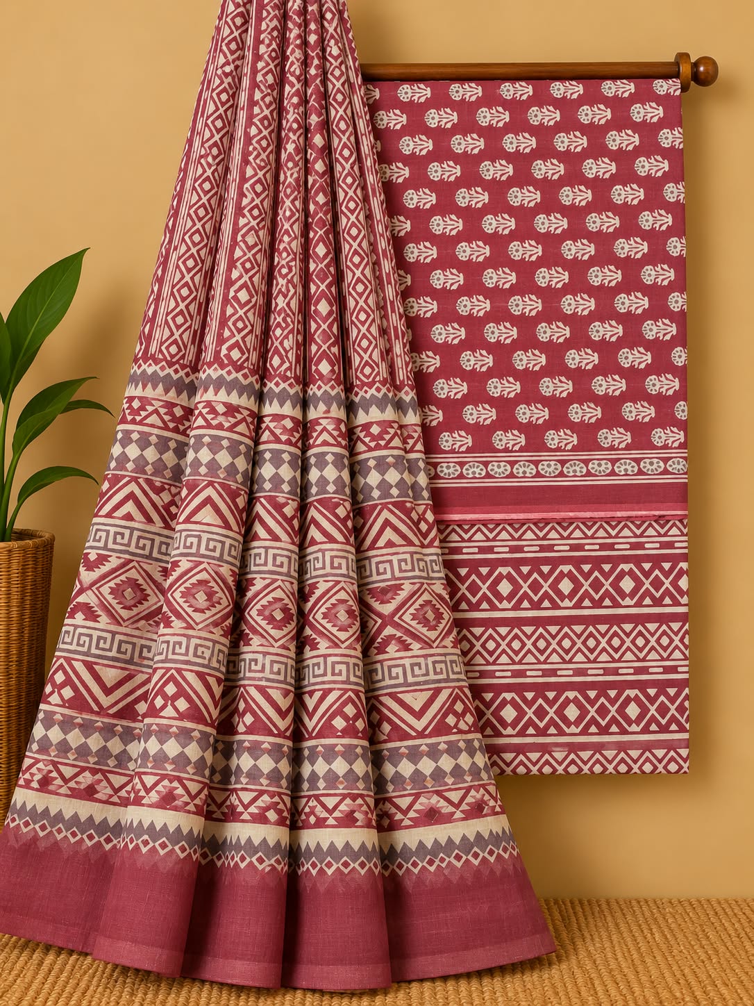 Maroon Geometric Unstitched Cotton Screen Print Salwar Suit Set with Mul Cotton Dupatta