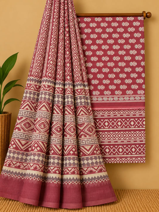Maroon Geometric Unstitched Cotton Screen Print Salwar Suit Set with Mul Cotton Dupatta