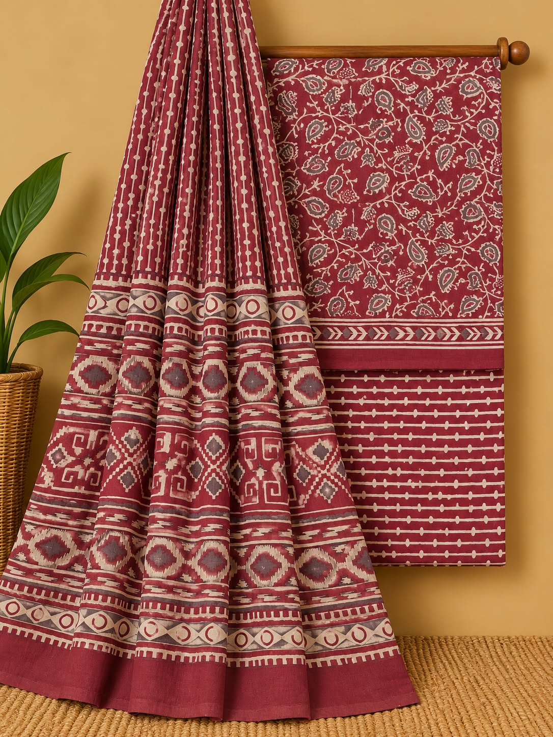 Maroon Paisley Unstitched Cotton Screen Print Salwar Suit Set with Mul Cotton Dupatta
