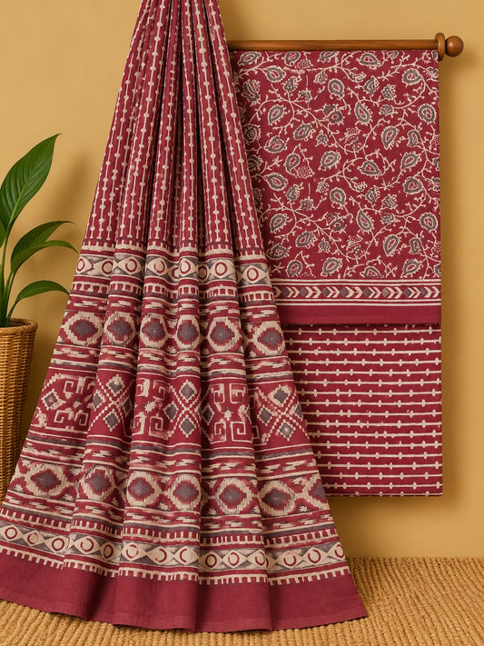 Maroon Paisley Unstitched Cotton Screen Print Salwar Suit Set with Mul Cotton Dupatta