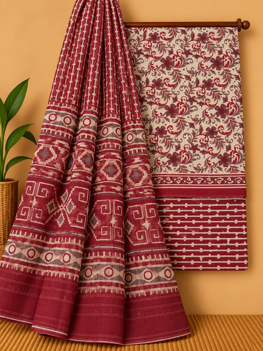 Maroon Floral Jaal Unstitched Cotton Screen Print Salwar Suit Set with Mul Cotton Dupatta