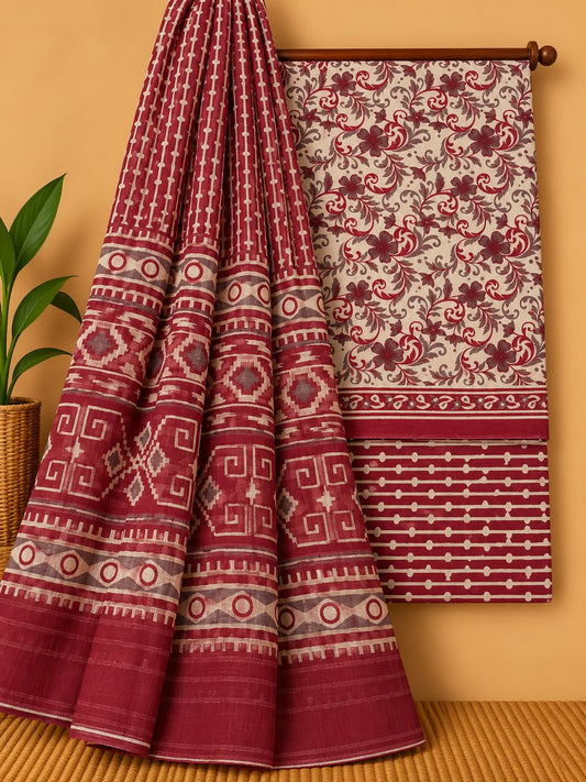 Maroon Floral Jaal Unstitched Cotton Screen Print Salwar Suit Set with Mul Cotton Dupatta