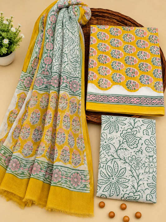 Mustard Yellow & White Floral Booti Unstitched Cotton Suit Set with Chiffon Dupatta