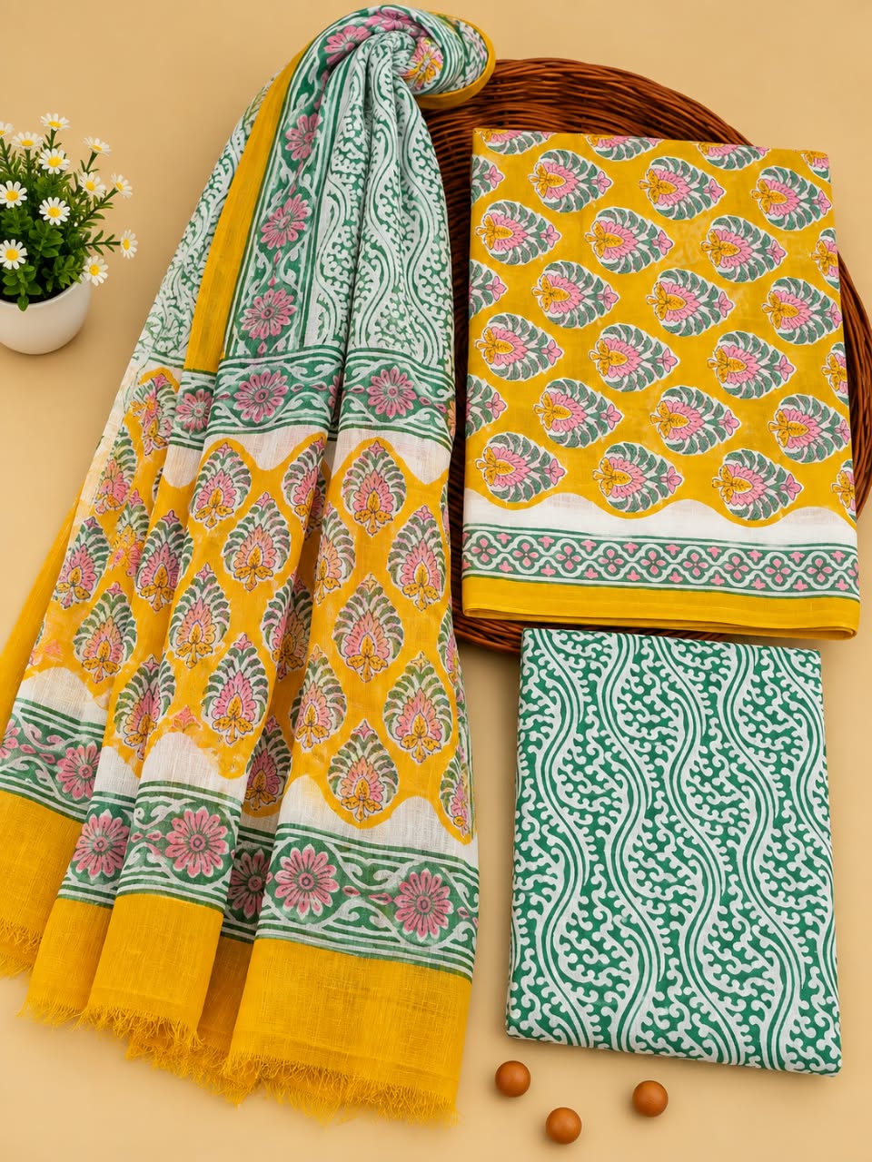 Mustard Yellow & Green Traditional Motif Unstitched Cotton Suit Set with Chiffon Dupatta