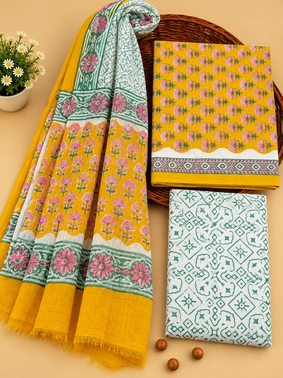 Mustard Yellow & Green Floral Booti Unstitched Cotton Suit Set with Chiffon Dupatta