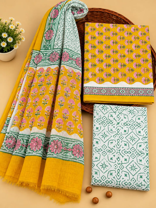 Mustard Yellow & Green Floral Booti Unstitched Cotton Suit Set with Chiffon Dupatta