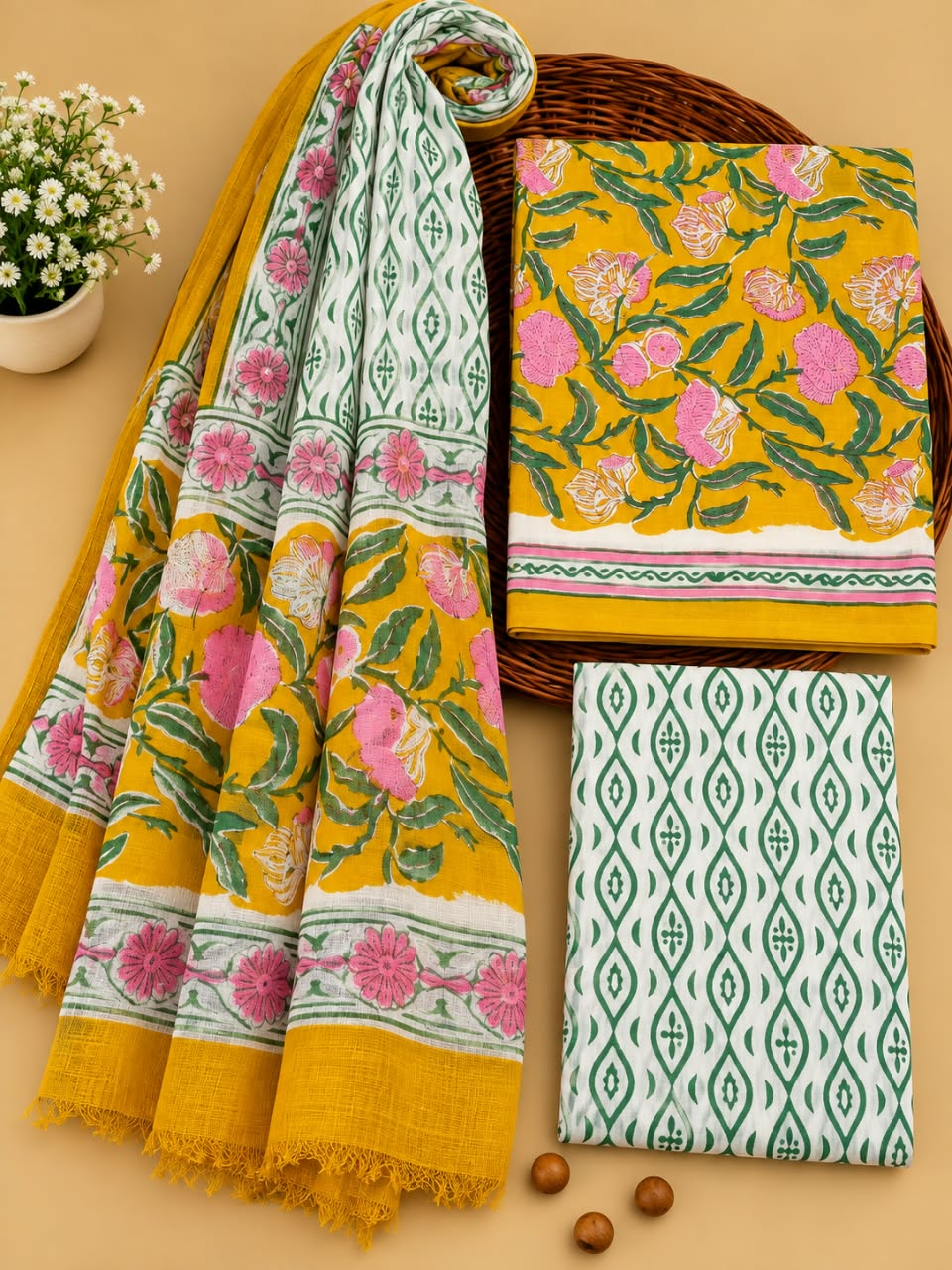 Mustard Yellow & White Floral Print Unstitched Cotton Suit Set with Chiffon Dupatta