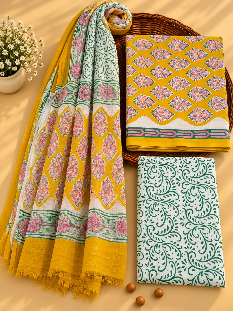 Mustard Yellow & Green Traditional Motif Unstitched Cotton Suit Set with Chiffon Dupatta