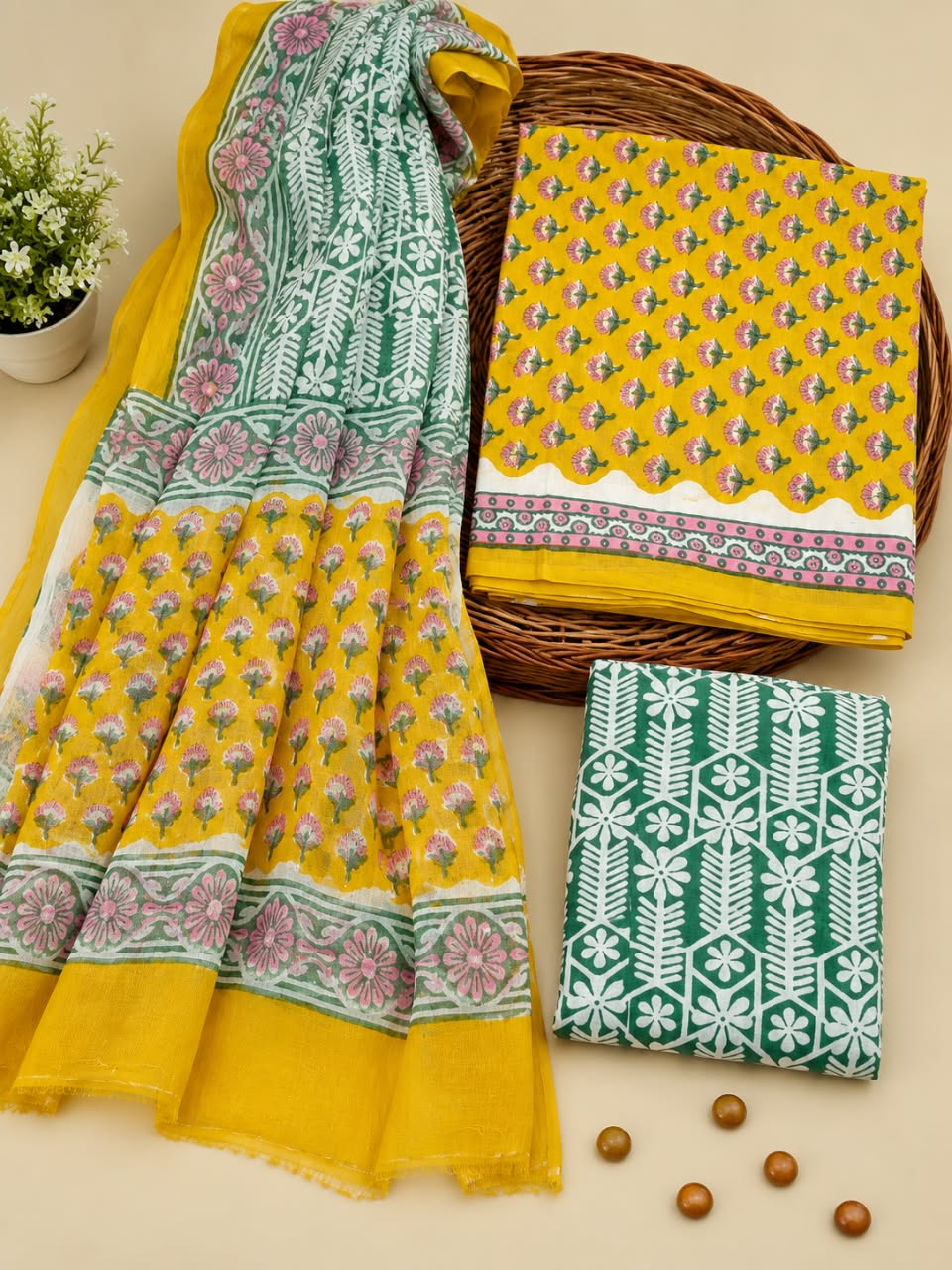 Mustard Yellow & Green Floral Booti Unstitched Cotton Suit Set with Chiffon Dupatta