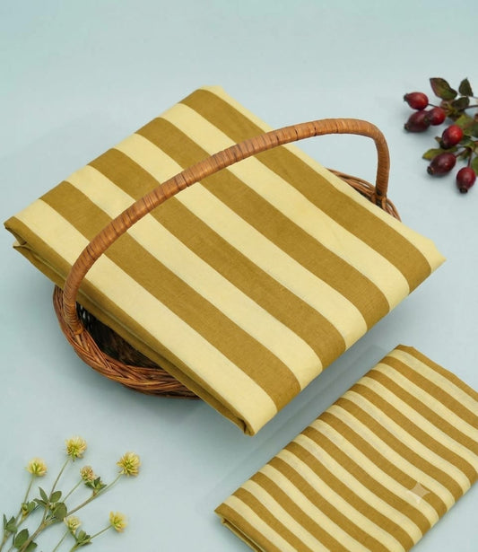 Mustard Yellow Striped Pure Cotton Unstitched Kurta Pant Fabric Set