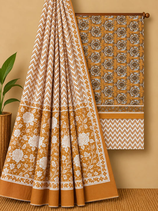 Mustard Yellow Floral Booti Unstitched Cotton Screen Print Salwar Suit Set with Mul Cotton Dupatta