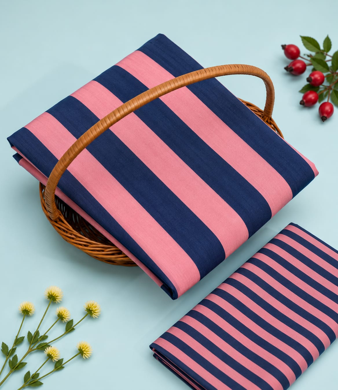 Navy Blue & Pink Striped Pure Cotton Unstitched Kurta Pant Fabric Set