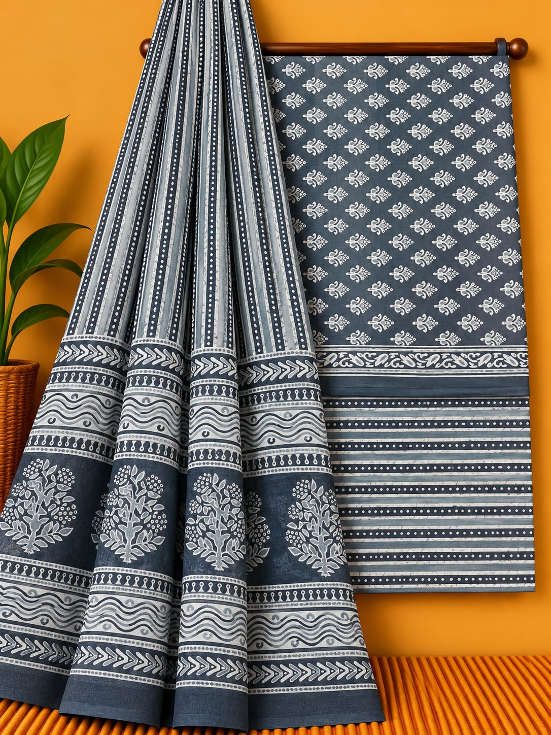 Navy Blue Floral Booti Unstitched Cotton Screen Print Salwar Suit Set with Mul Cotton Dupatta