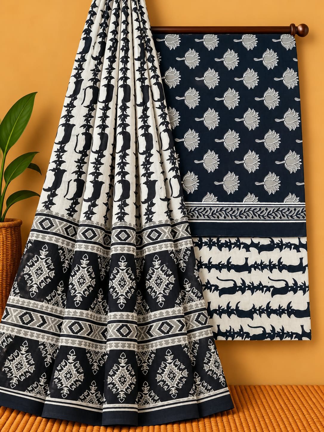 Navy Blue Floral Booti Unstitched Cotton Screen Print Salwar Suit Set with Mul Cotton Dupatta